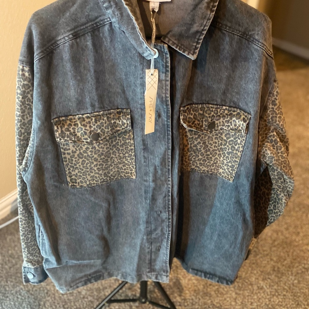 She + Sky Gray Denim Jacket with Leopard Accents